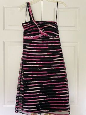 JS Collections Black and Pink Shadow One-Shoulder Satin Party Dress - size 10